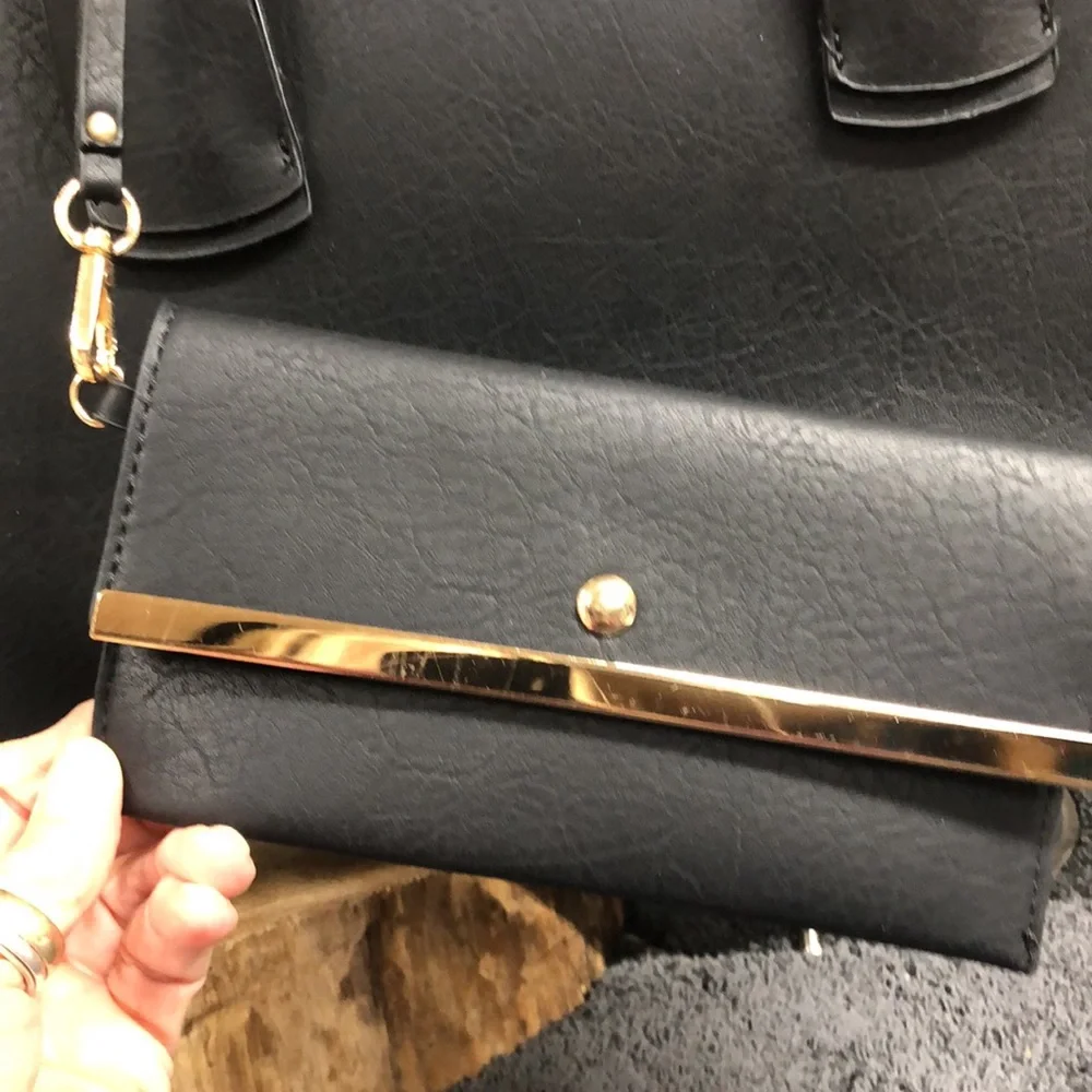 Black leather Satchel with matching wristlet‎ new without tags